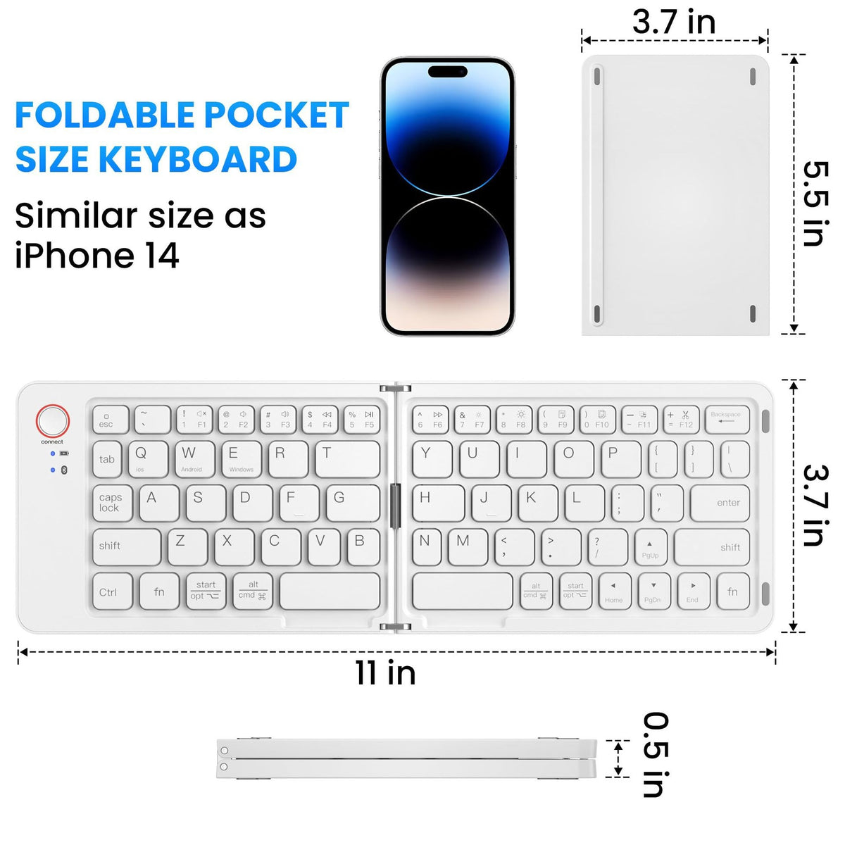 eprolo ultra slim folding portable Bluetooth keyboard with dual-mode connectivity, shown in a compact, open position
