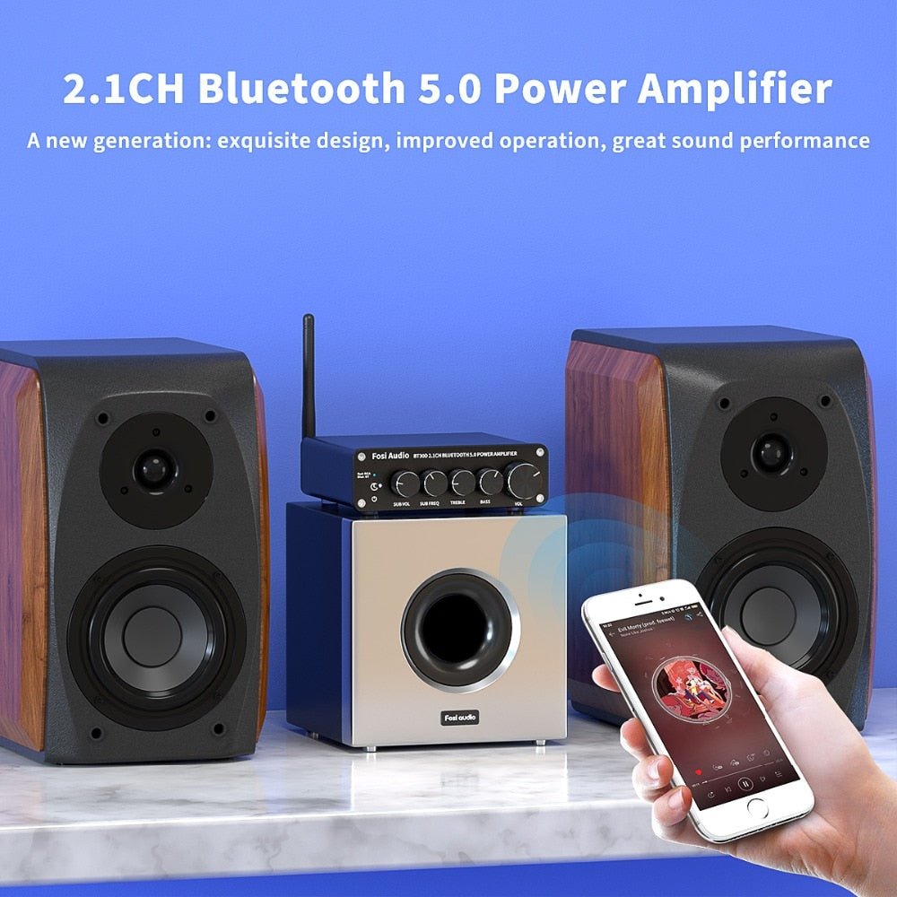 Bluetooth Sound Power Amplifier 2.1 Channel Bass & Treble Control Amp Audio Subwoofer 100W + 50W x2-1