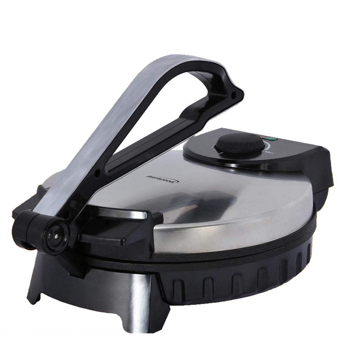 Brentwood 10-inch Roti, flatbread, and tortilla maker in a kitchen appliance setting, showcasing its compact design and control panel.