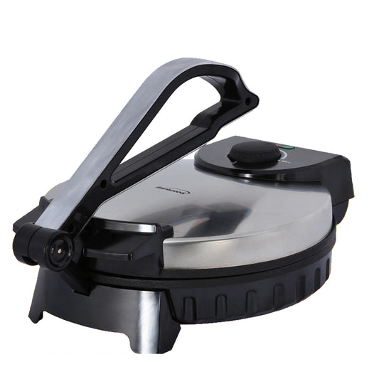 Brentwood 10-inch Roti, flatbread, and tortilla maker in a kitchen appliance setting, showcasing its compact design and control panel.