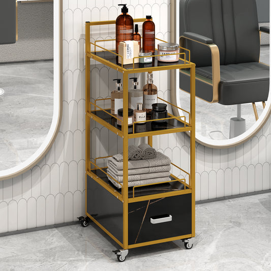 Beauty Salon Storage Trolley Cart,with Lockable Rolling Wheels,Metal Frame Marbled Board,Drawer Barber Salon Furniture,Black