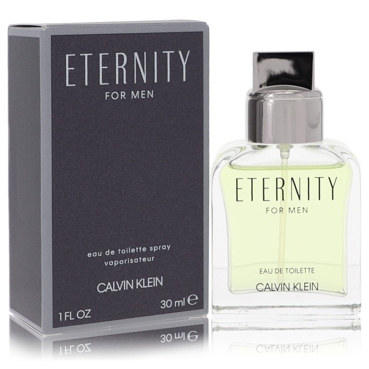 Calvin Klein Eternity men's Eau De Toilette spray 1 oz bottle, sleek design, clear glass with blue liquid fragrance inside.
