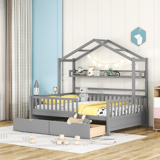 Wooden Full Size House Bed with 2 Drawers,Kids Bed with Storage Shelf, Gray