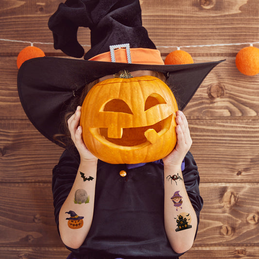 Colorful Halloween children cartoon tattoo sticker by ClaudiaG Home, featuring fun spooky designs for kids' Halloween costumes.