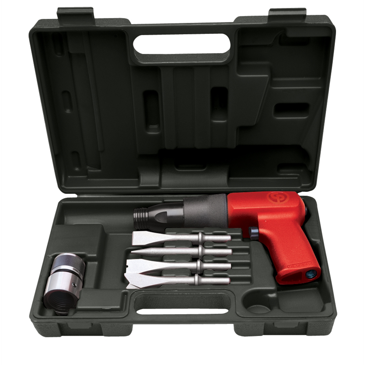 Chicago Pneumatic air hammer kit with shock reduction, chisels, and quick connect, designed for heavy-duty impact work.