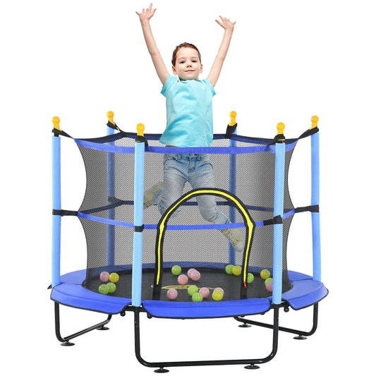 Qaba 4.6' Trampoline for Kids, 55 Inch Toddler Trampoline with Safety Enclosure & Ball Pit for Indoor or Outdoor Use, Built for Kids 3-10 Years, Blue