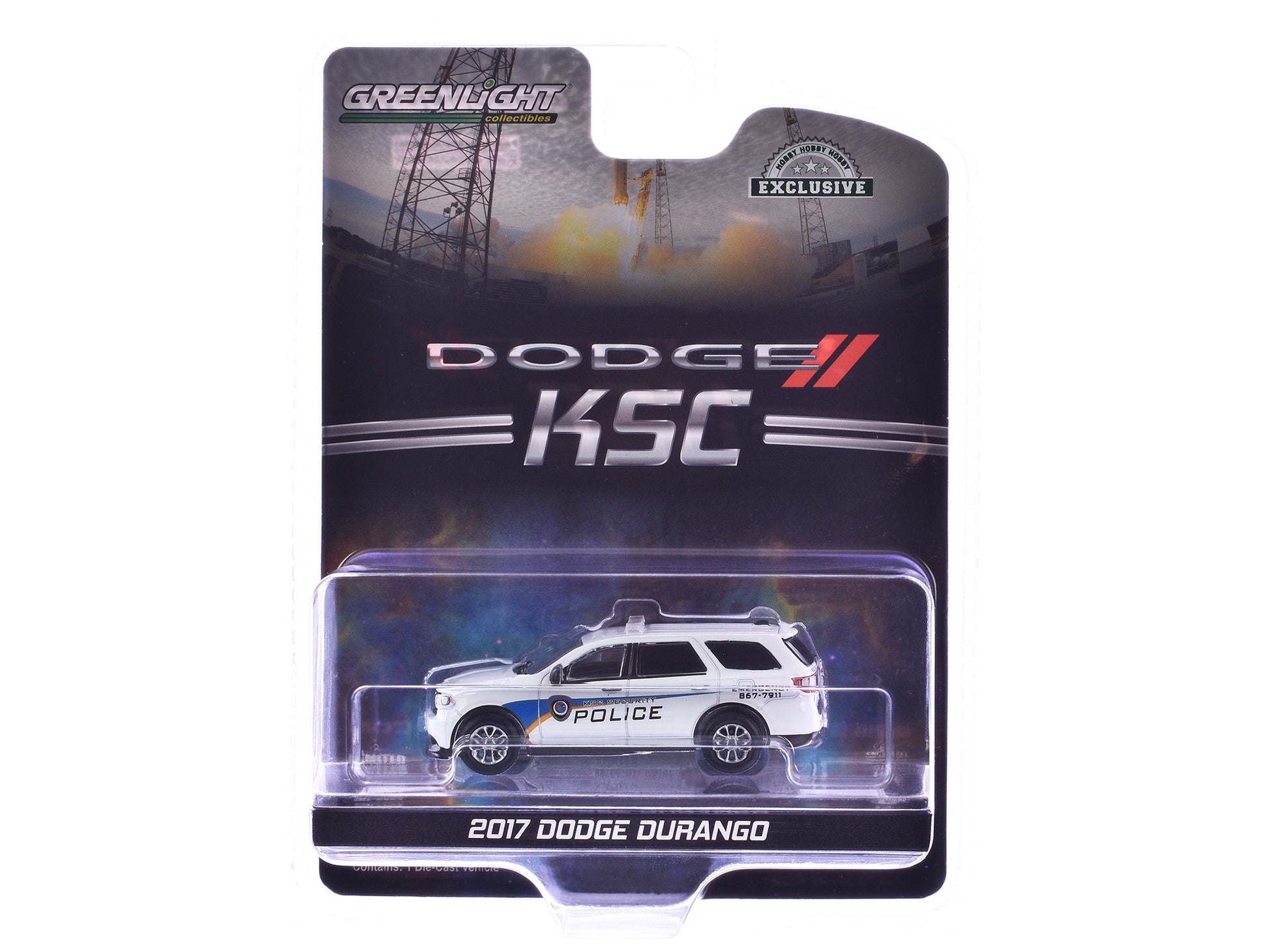 White 2017 Dodge Durango diecast model by Greenlight, featuring Kennedy Space Center security police graphics, Hobby Exclusive series.