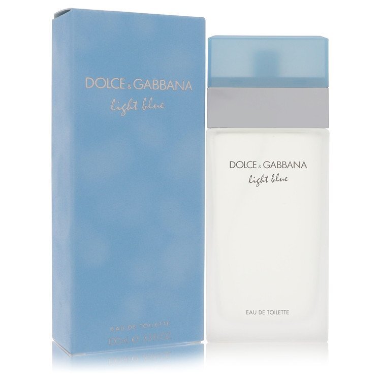 Light blue Dolce & Gabbana Eau De Toilette spray 3.3 oz for women, with a blue glass bottle and floral design.