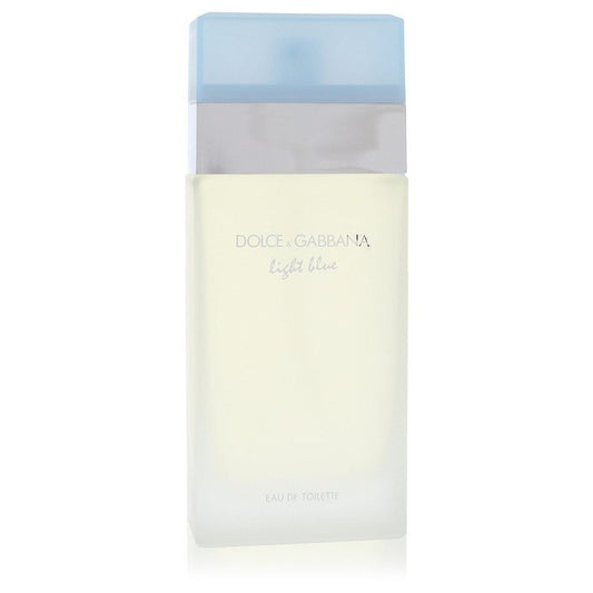 Light blue Dolce & Gabbana Eau De Toilette Spray 3.3 oz tester bottle for women, featuring a light blue cap and elegant packaging.