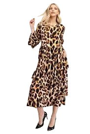 Leopard Asymmetrical Ruffle Midi Dress