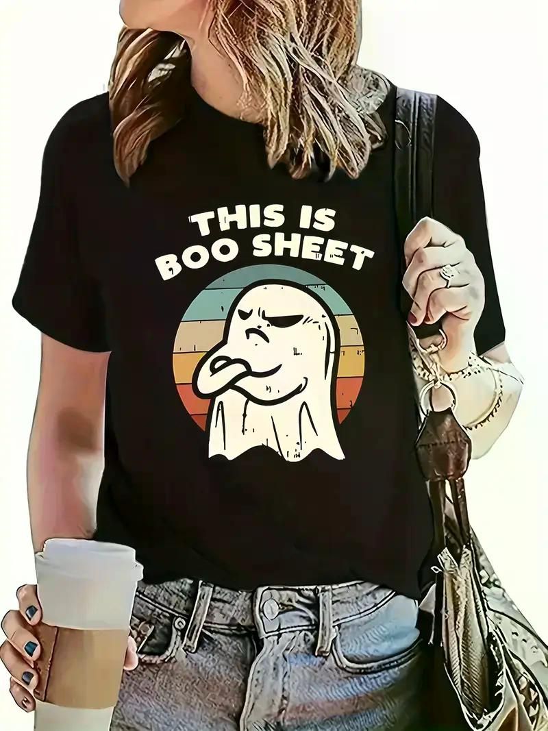 1pc Women's Casual Ghost Graphic Tee, Polyester 95% Elastane 5% Knit Fabric, Short Sleeve Crew Neck T-Shirt with