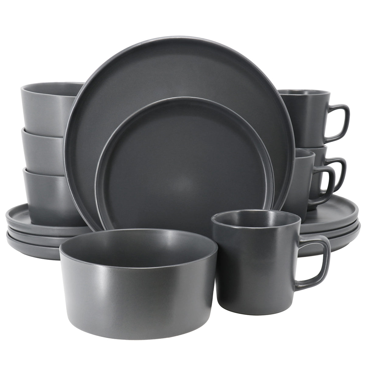 Elama Luxmatte dark grey 16-piece dinnerware set with plates, bowls, and mugs arranged on a table.