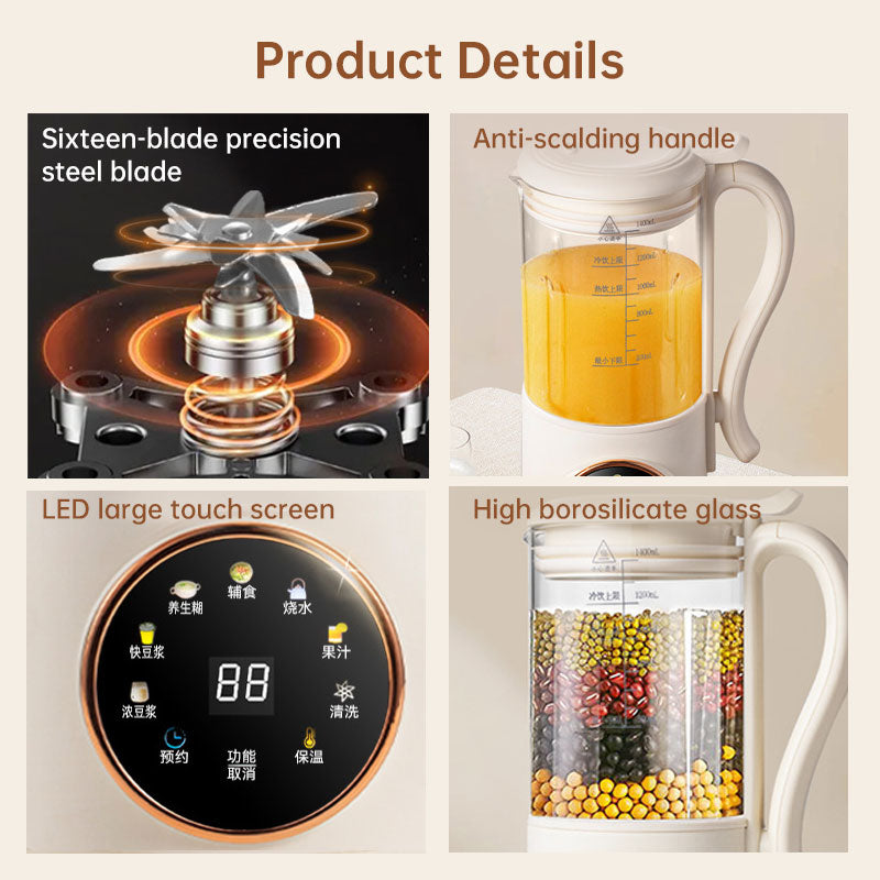 eprolo 1.4L nuts milk maker with 16 blades for plant-based drinks, soy, oatmeal, almond milk, and grain beverages.