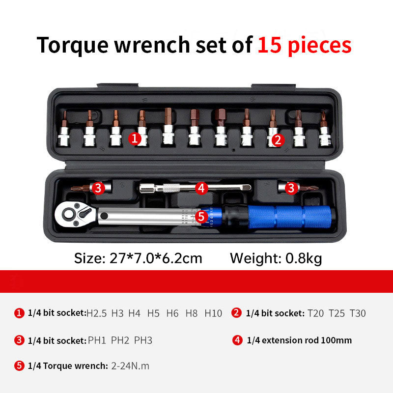 eprolo 15-piece bike torque wrench set with adjustable ratchet, 2-24Nm preset torque, and 1/4 inch drive for precise bike maintenance.
