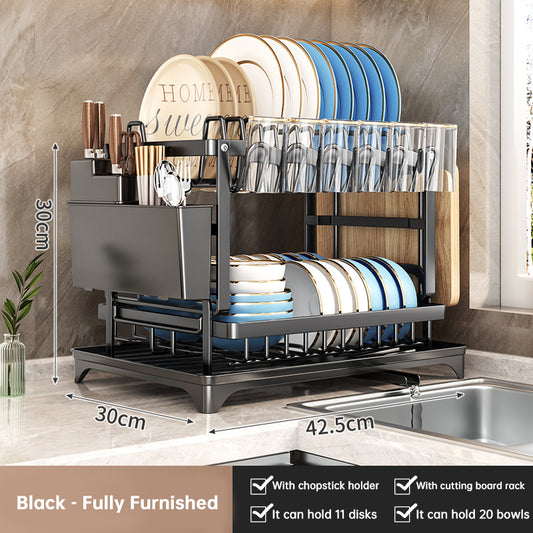 Eprolo 2-tier large capacity dish drying rack with rustproof carbon steel design, includes cutting board and utensil holder.