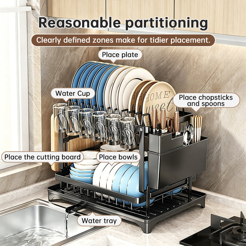 eprolo 2-tier large capacity dish drying rack with rustproof carbon steel, includes cutting board and utensil holder.