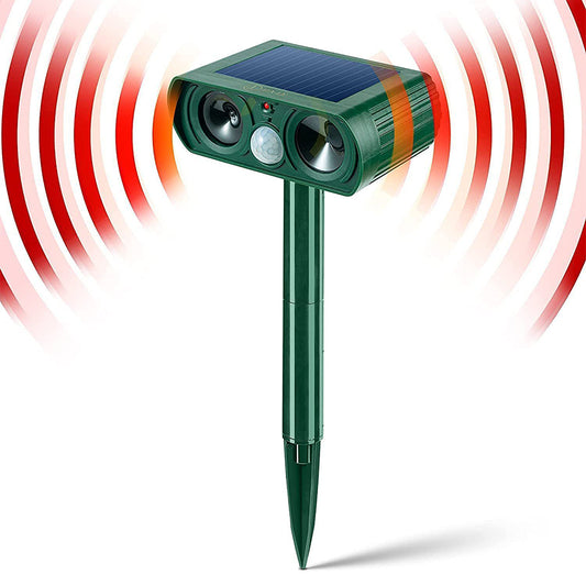 Rechargeable 2025 Solar Animal Repeller by eprolo showing device with solar panel and infrared sensor for cats, dogs, and garden pests.