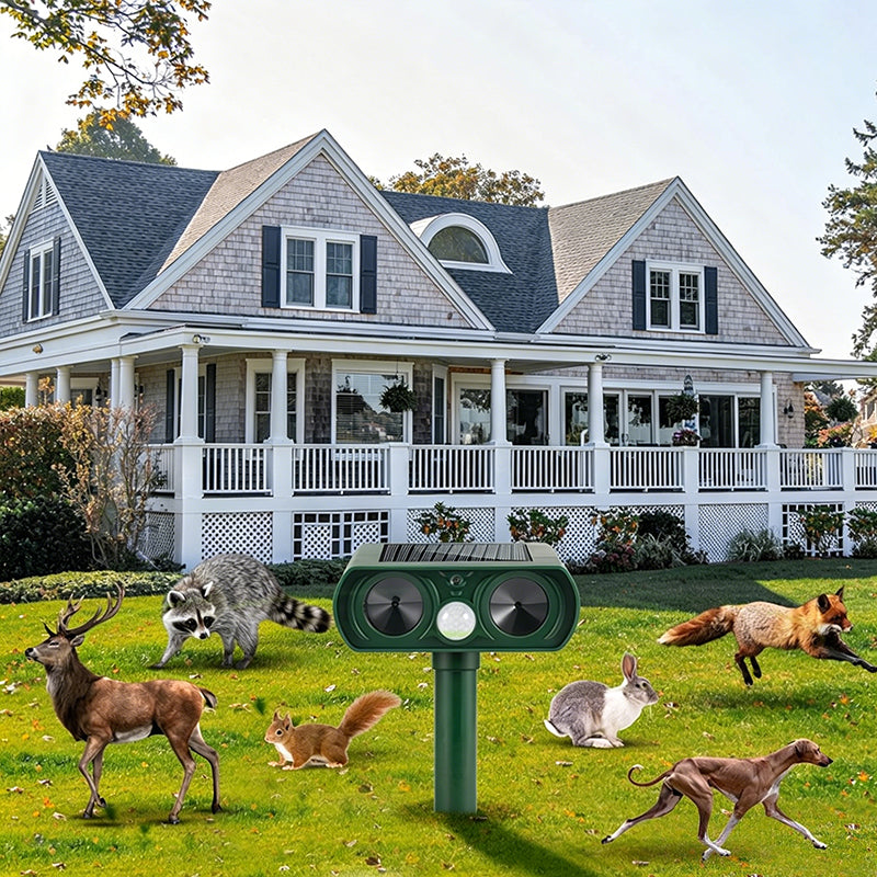 Rechargeable 2025 Solar Animal Repeller by eprolo, infrared device deterring cats and dogs from gardens and patios.