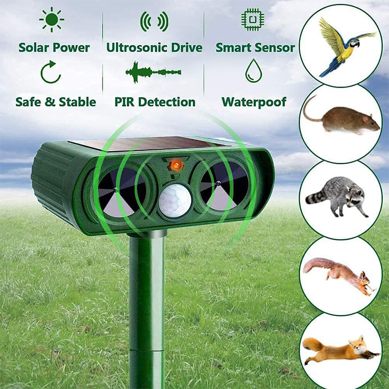 Rechargeable 2025 Solar Animal Repeller by eprolo, infrared device deterring cats, dogs, and wildlife from gardens and patios.