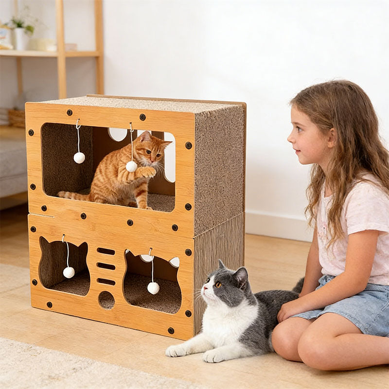 Eco-friendly 3-in-1 cat house, bed, and scratch post with multi-layer cardboard structure for comfort and entertainment.