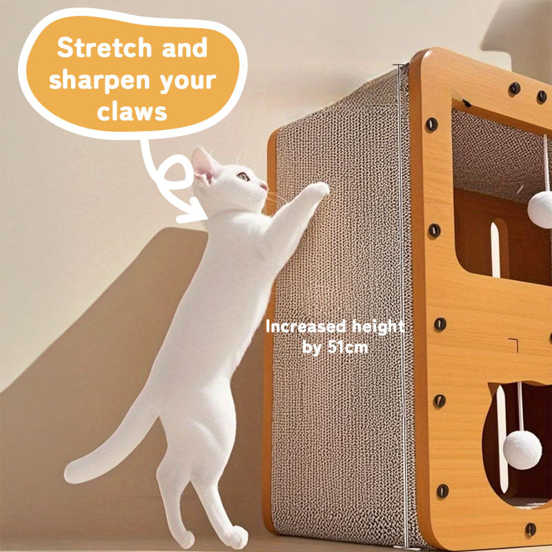 Eprolo 3-in-1 cat house, bed, and scratch post with multi-layer eco-friendly cardboard structure and soft interior for cats.