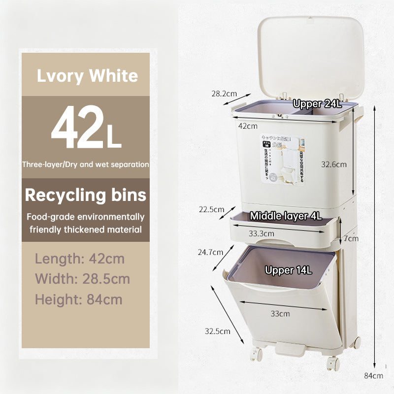 eprolo 42L kitchen trash can with three compartments, pedal operation, and wheels for easy recycling and waste management.