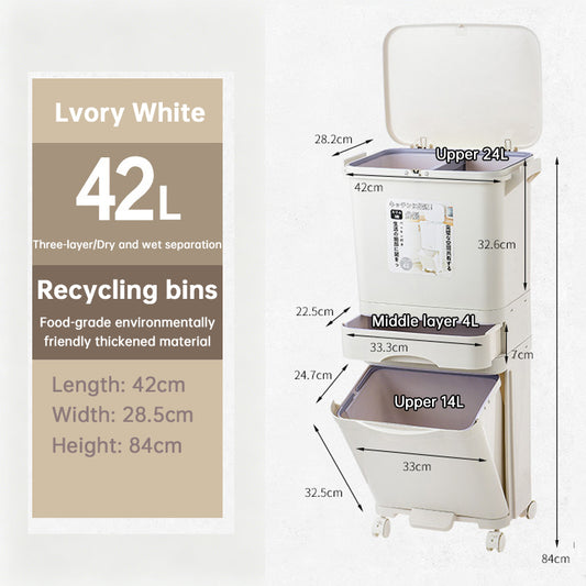 eprolo 42L kitchen trash can with three compartments, pedal operation, and wheels for easy recycling and waste management.