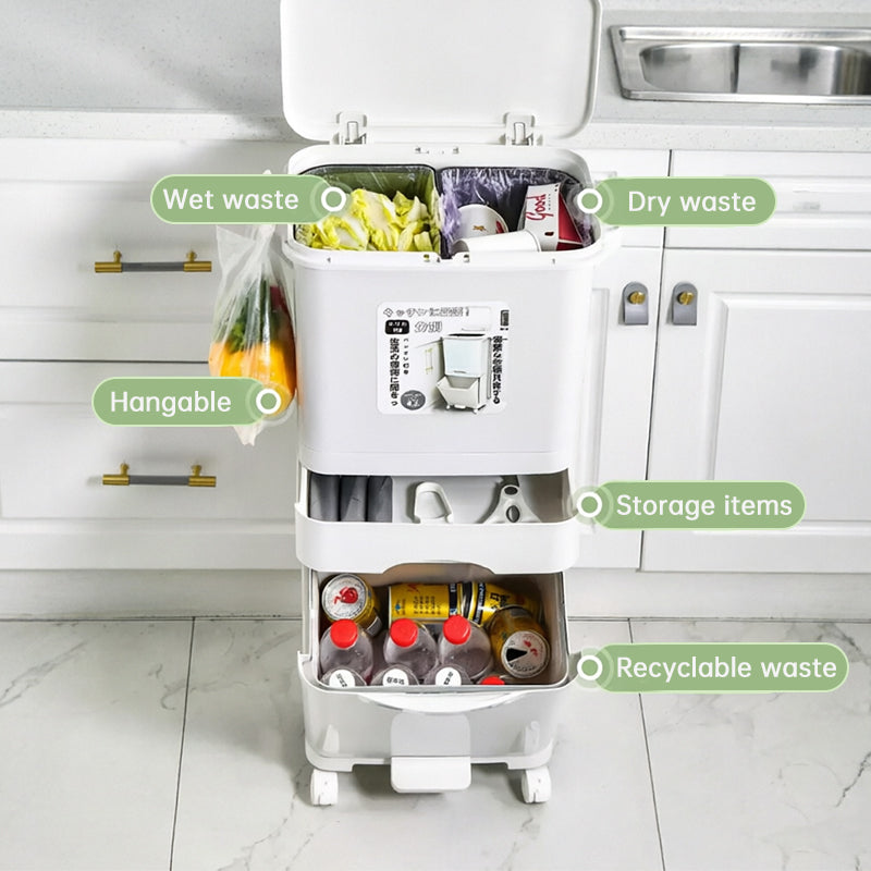 eprolo 42L kitchen trash can with three compartments, pedal operation, and wheels for recycling and waste separation.