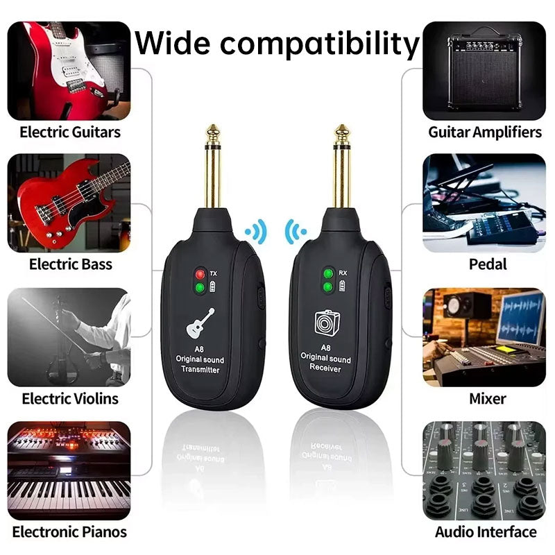 A8 UHF Wireless Guitar System, Rechargeable Transmitter & Receiver, 20Hz-20kHz Full Frequency, USB Charging for Guitar, Violin, - American Smart