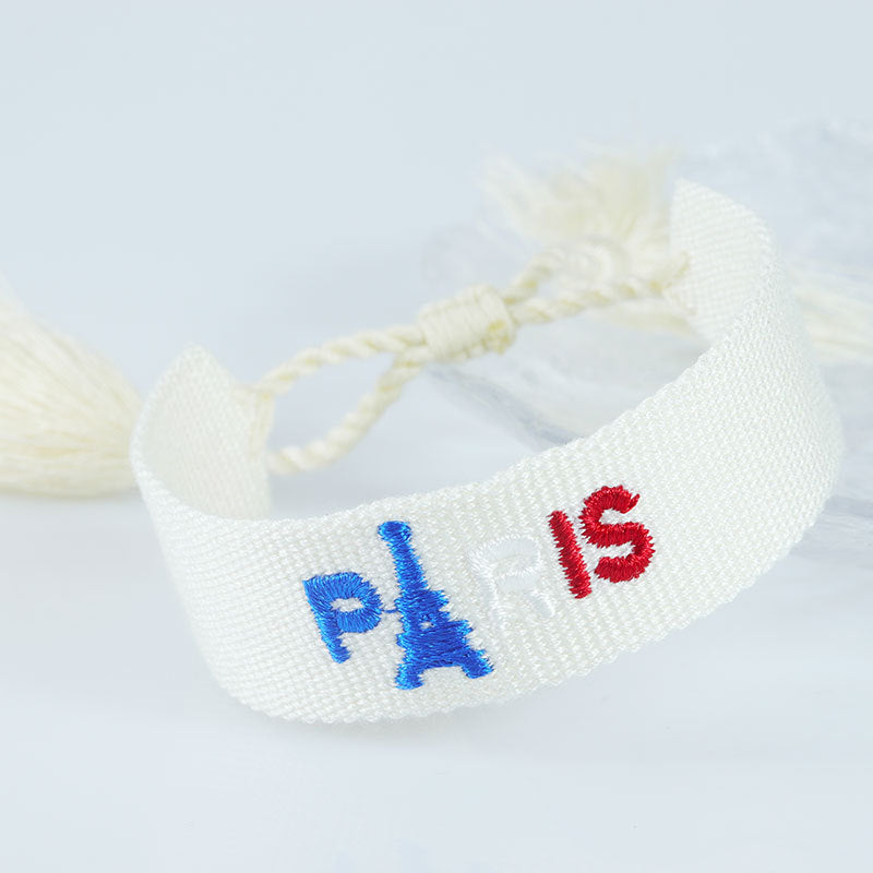 Eprolo embroidered Eiffel Tower woven wrist strap with ethnic design, ideal for Paris sports events and souvenirs from France