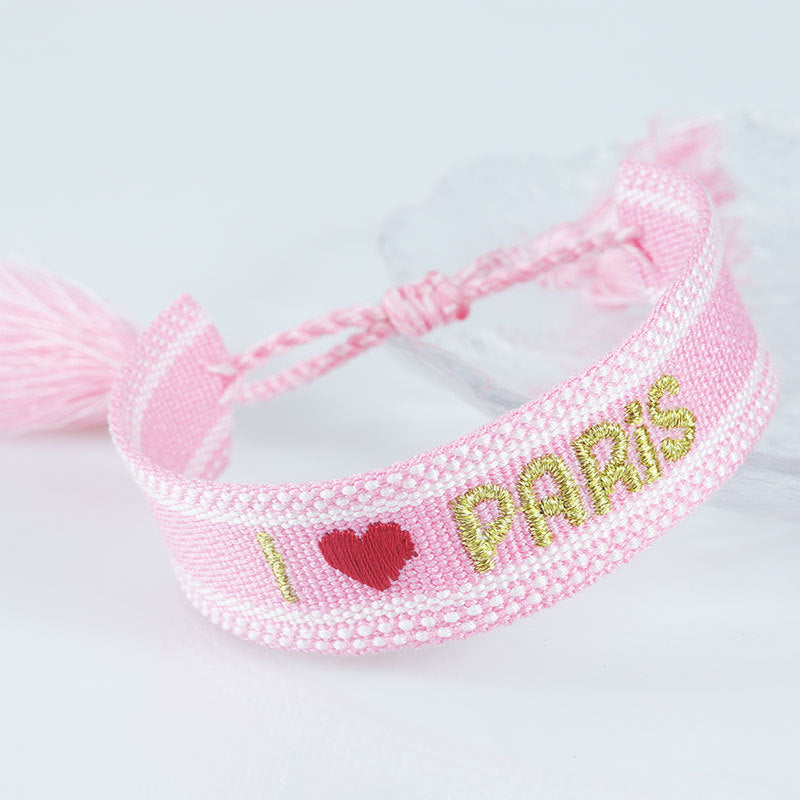 Embroidered Eiffel Tower woven ribbon wrist strap with Paris-themed design, ethnic style wristband souvenir from France by eprolo