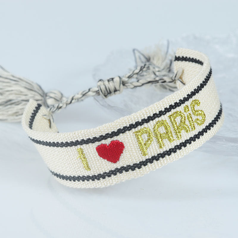 Embroidered Eiffel Tower woven ribbon wrist strap with Paris sports theme, featuring ethnic embroidery and souvenir design by eprolo