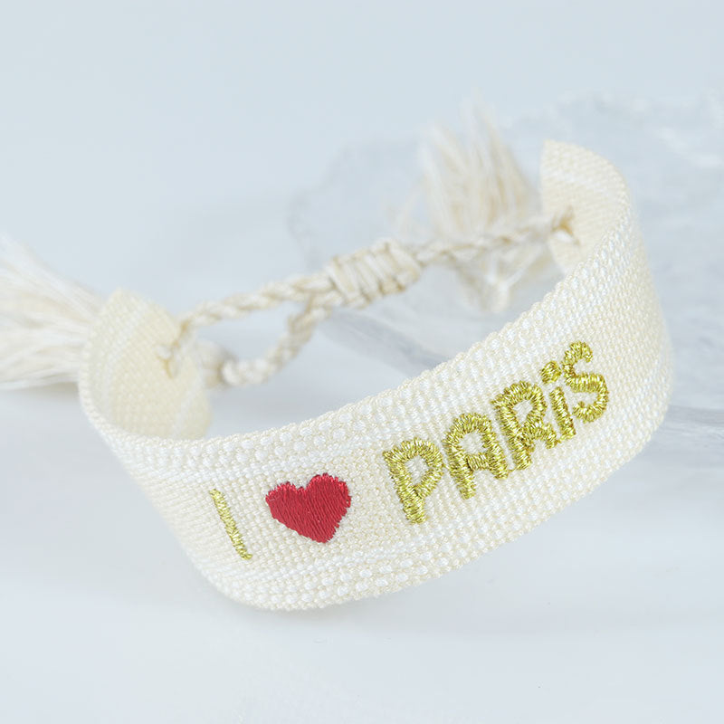 Embroidered Eiffel Tower woven wrist strap with Paris-themed design, ethnic style, ideal as a France souvenir, by eprolo.