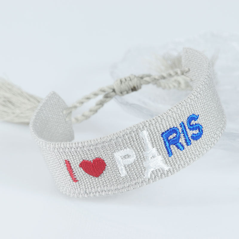 Embroidered Eiffel Tower woven wrist strap from eprolo, featuring ethnic style design, ideal as a Paris sports game souvenir.