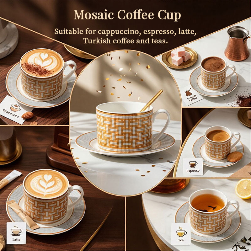 European style bone china coffee cups and saucers set with spoons, elegant porcelain teacups for afternoon tea and home or office use