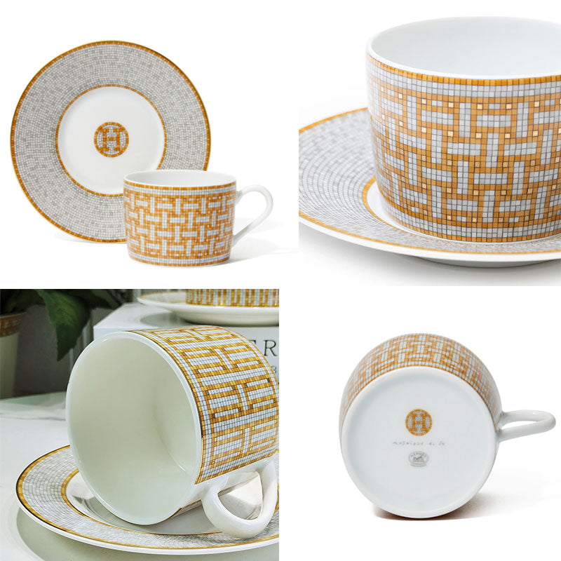 European style bone china coffee cups and saucers set by eprolo with spoons, ideal for afternoon tea at home or office.