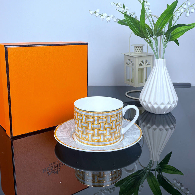 European style bone china coffee cups and saucers set with spoons, elegant porcelain teacup set for afternoon tea at home or office