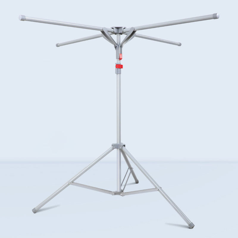 Black foldable octopus-style standing clothes drying rack with multiple arms for hanging laundry, portable and suitable for balcony use.