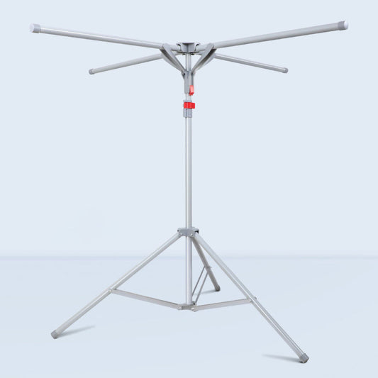 Black foldable octopus-style standing clothes drying rack with multiple arms for hanging laundry, portable and suitable for balcony use.