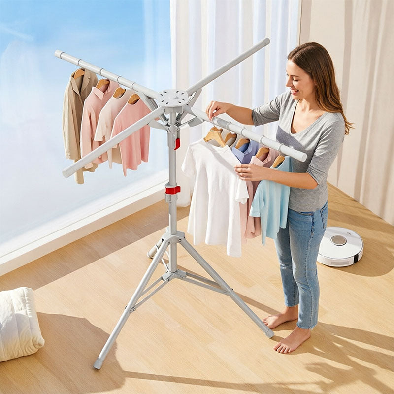 Black foldable octopus-style standing clothes drying rack with rotating arms, portable laundry hanger for balcony use by eprolo.