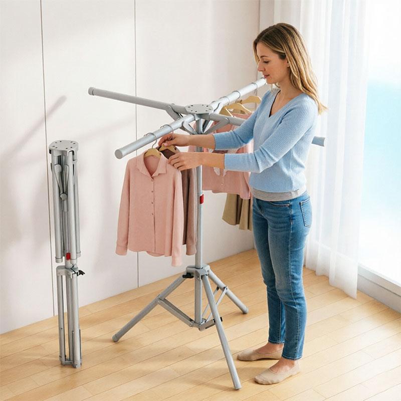 Eprolo foldable octopus-style standing clothes drying rack in black with multiple rotating arms for balcony laundry drying.