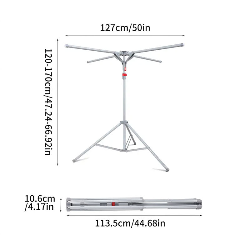 Black foldable octopus-style standing clothes drying rack by eprolo with rotating arms for balcony laundry drying.