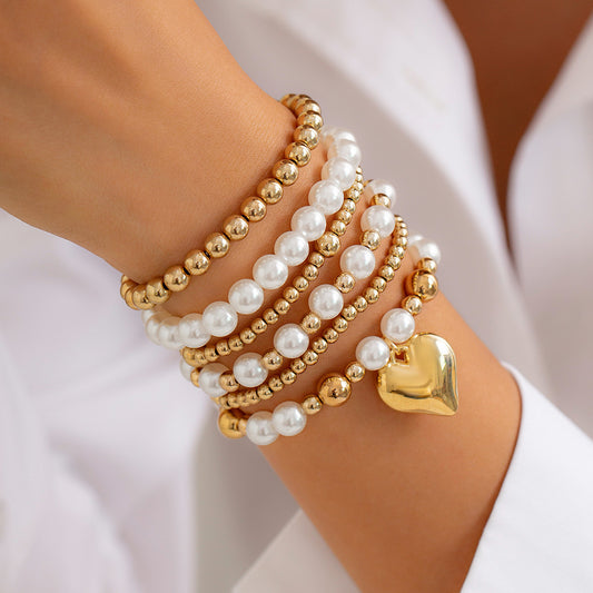 Eprolo pearl bead bracelet with minimalist design and heart-shaped hollow bracelet set, stylish jewelry for versatile fashion.