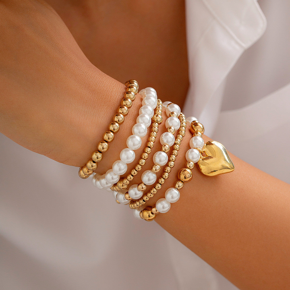 Eprolo pearl bead bracelet with minimalist design and heart-shaped hollow bracelet set, stylish and elegant jewelry accessory