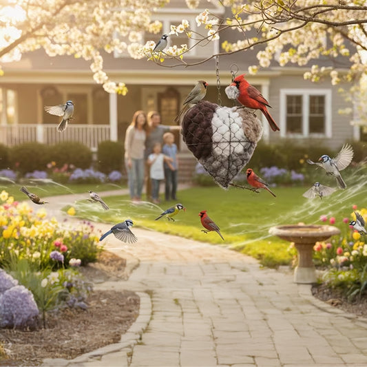 Handmade heart-shaped bird nest by eprolo, weatherproof outdoor birdhouse for garden decor and yard art.