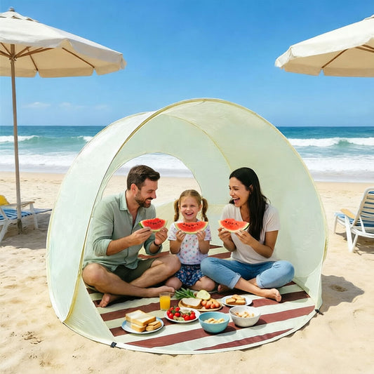 Eprolo heavy-duty beach tent with reinforced poles, windproof sun shelter, UV protection canopy for outdoor family use