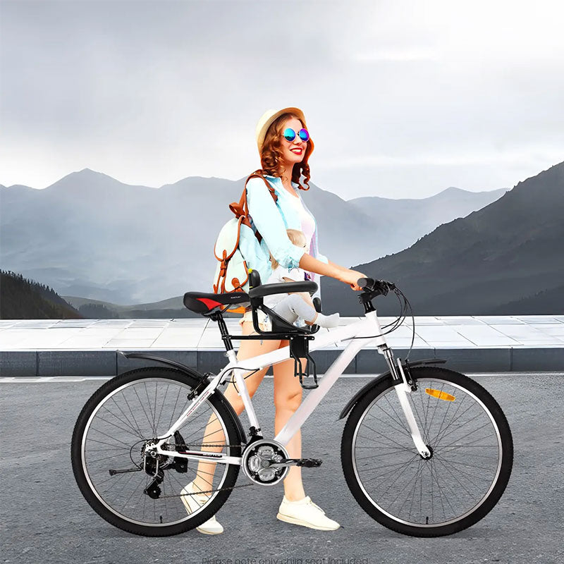 Heavy duty eprolo front bicycle child seat with adjustable safety belt, non-slip pedals, supports up to 35kg, for kids' bikes.