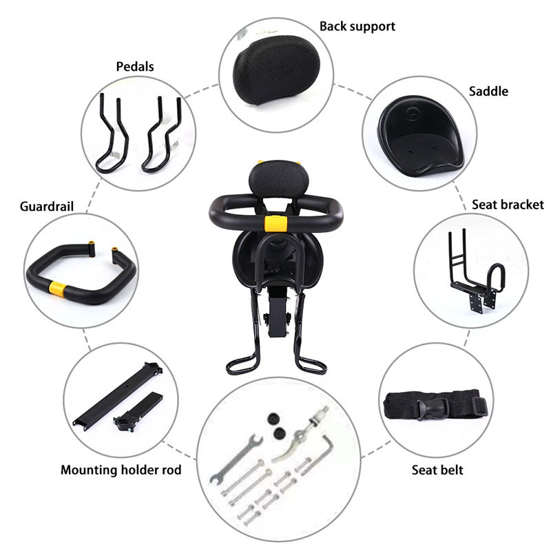eprolo heavy duty front bicycle child seat with adjustable straps, 3-point safety belt, non-slip pedals, supports up to 35kg