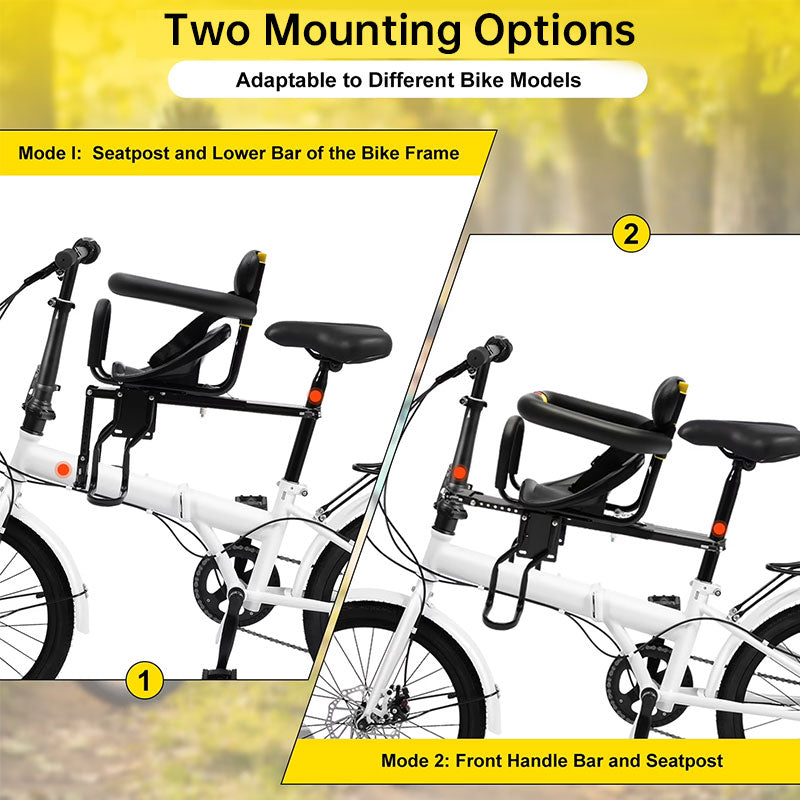 Eprolo heavy-duty front bicycle child seat with adjustable straps, 3-point safety belt, non-slip pedals, supports 35kg.