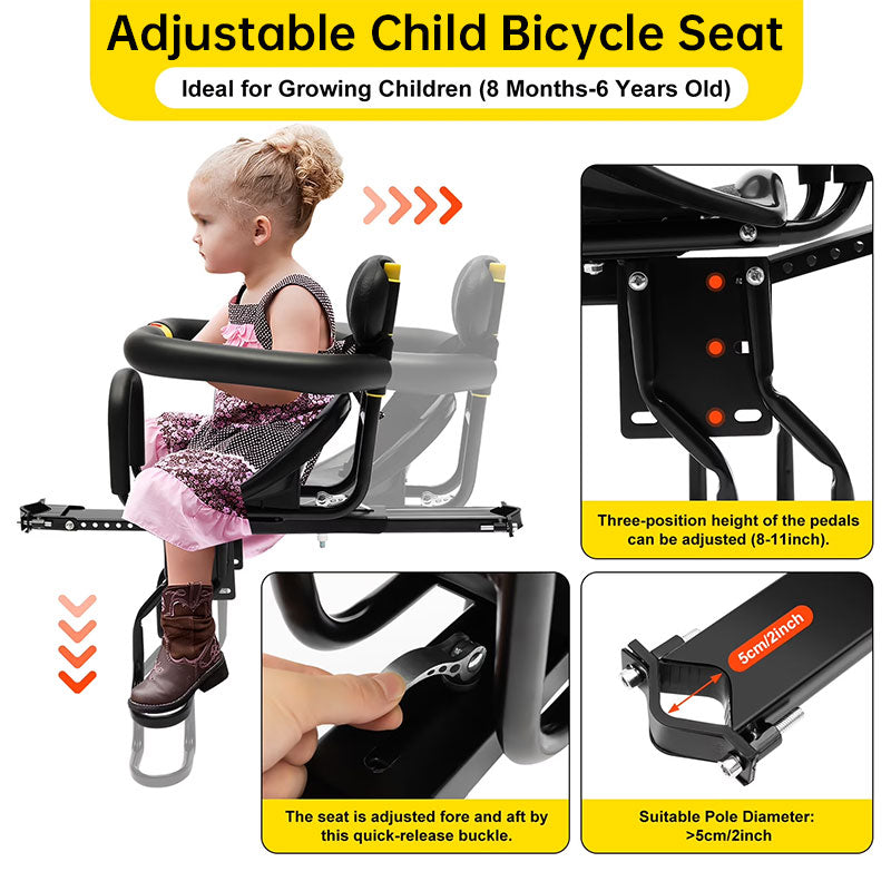 eprolo heavy duty front bicycle child seat with 3-point safety belt, adjustable design, non-slip pedals, supports up to 35kg.